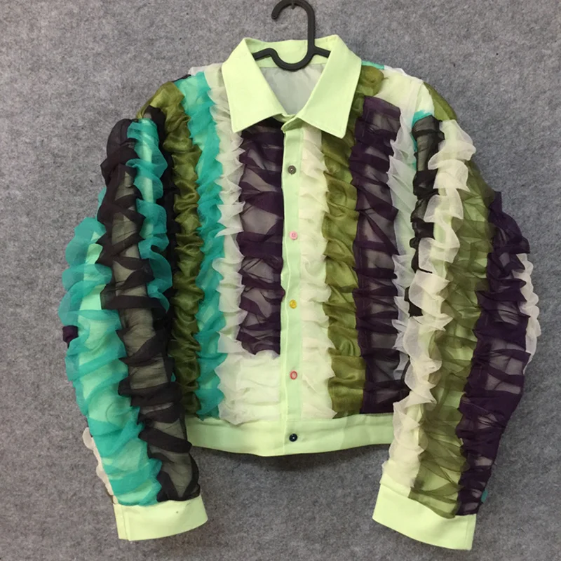

Men's Trendy Colorful Contrast Organza Jackets Loose Fitting Sweater Cool Light Luxury High Quality Creativity Coat 21Z1424