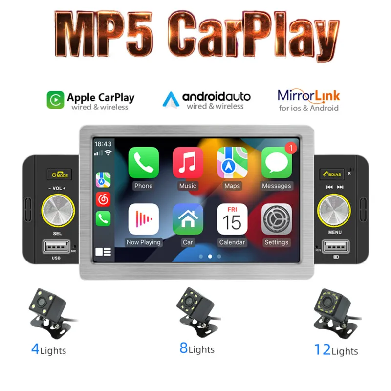 Автомагнитола 1 Din, беспроводная/Проводная, для CarPlay, Android-Auto, 5-дюймовый mp5-плеер, Bluetooth, гарнитура громкой связи, USB, FM-приемник, радио, фотомагнитола