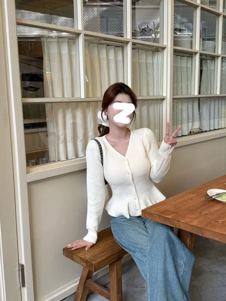 Elegant High Sense Black V-neck Cardigan sweater Women Autumn and Winter New Frill Waist Hugging Slimming Knit