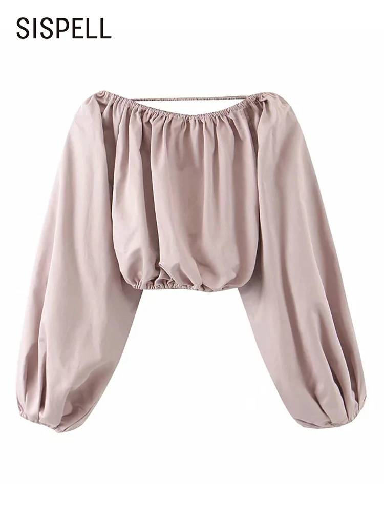 

SISPELL Korean Fashion Backless Shirt For Women Round Neck Lantern Sleeve Solid Minimalist Slim Blouses Female Summer Clothing