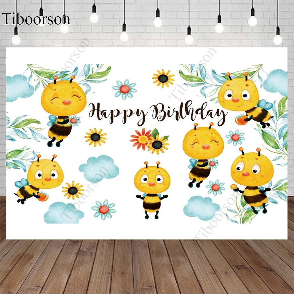 Cute Bee Happy Birthday Photocall Backdrop Cartoon Flowers Newborn Baby Portrait Customized Photography Backgrounds Banner