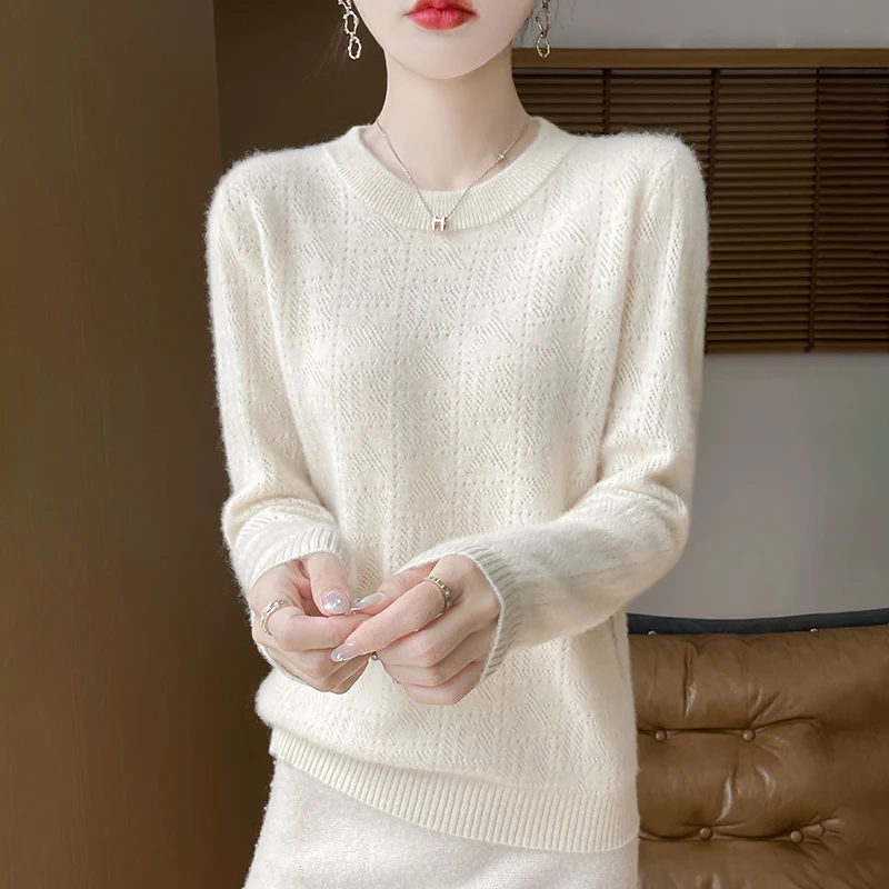 Осень/зима 2023 свитер из 100% чистой шерсти женский с круглым вырезом полый