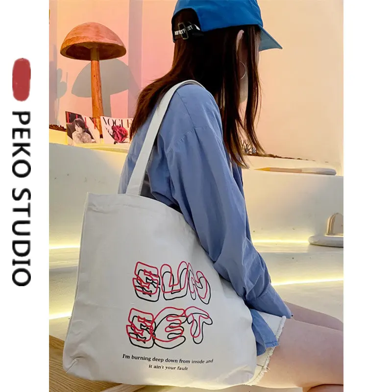 

Женская Мягкая Повседневная сумка с надписью, Холщовая Сумка-тоут на плечо для девушек, вместительная сумка для покупок, большая сумка для у...