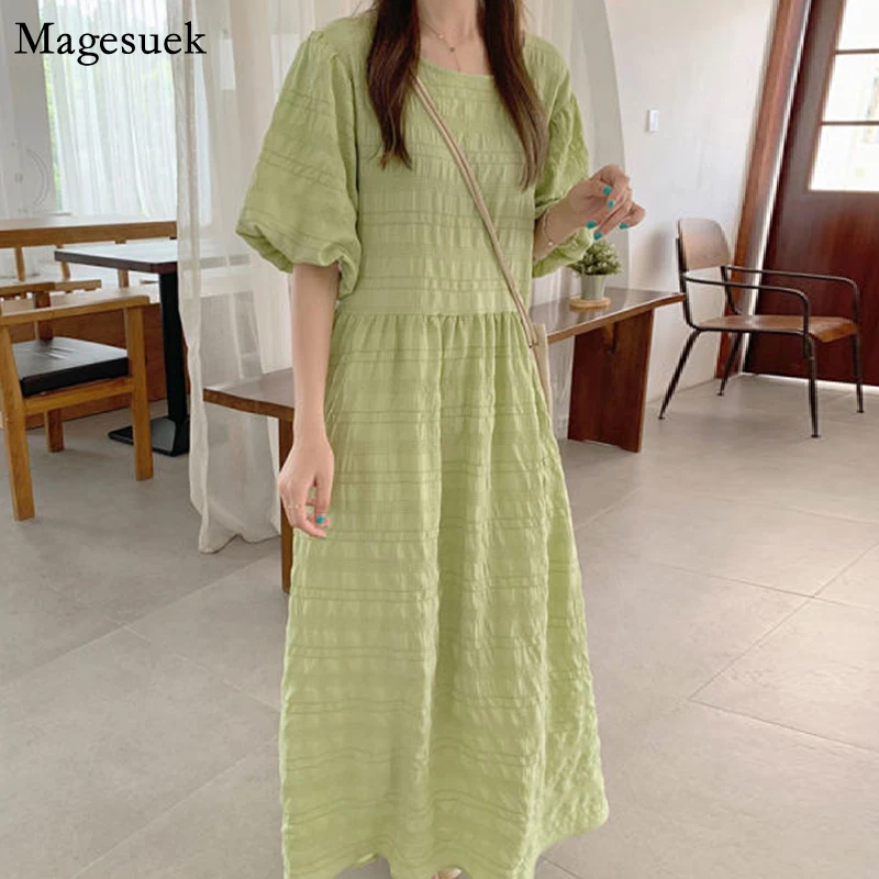 

Летнее свободное зеленое женское платье 2021, шикарное женское платье с длинным рукавом, плиссированные повседневные праздничные платья большого размера, платья 15359