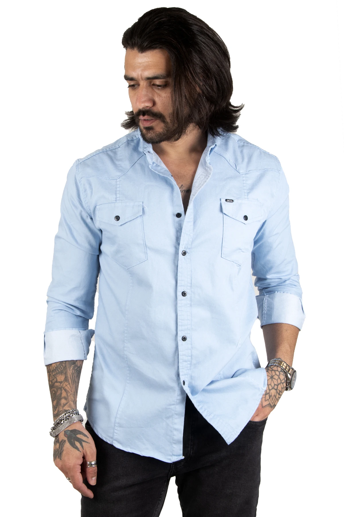 DeepSEA narrow cut lycra pocket cap buttoned long sleeve men's denim shirt 2201916