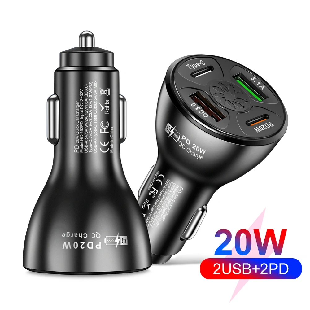 

Car 4 Ports Charger 20W Fast Charge Charger PD +Type C +USB Adapter Cigarette Lighter Power Adapter For For Camper Caravan RV