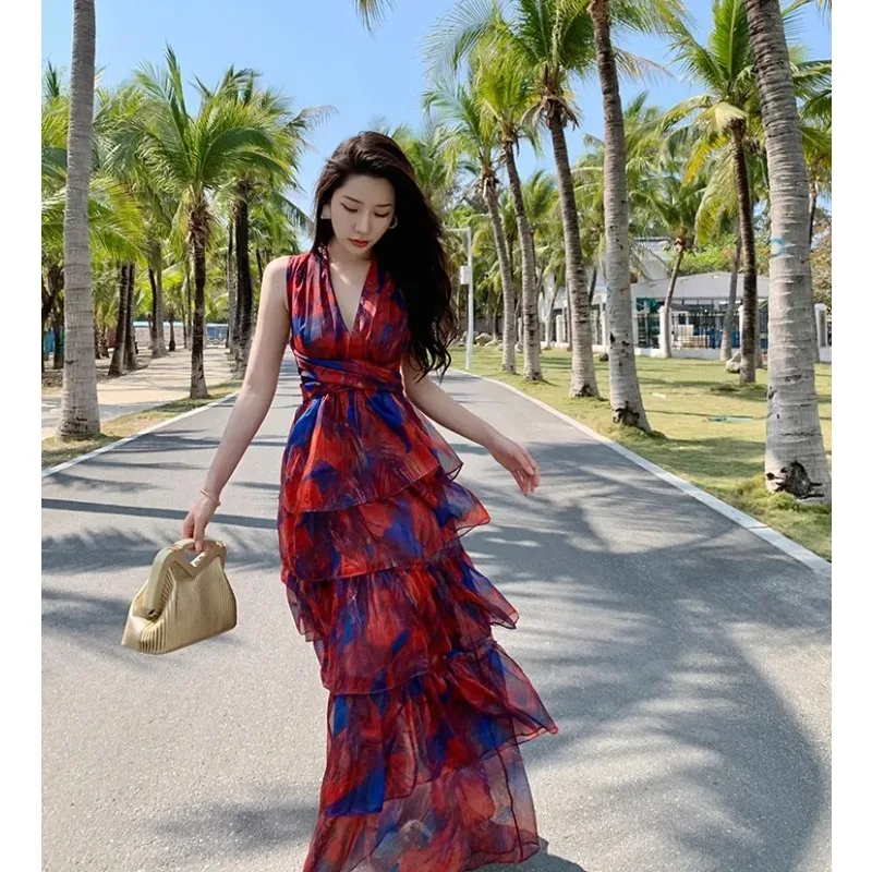 

Summer Lady Dress Fashion Floral Print Ruffles Layered Long Dresses Sexy V Neck Outdoor Beach Party Women Dresses Robes