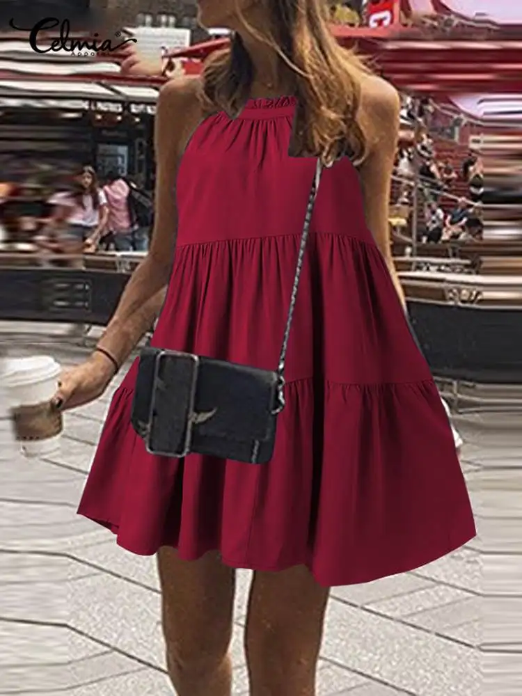 

Летнее праздничное платье Celmia без рукавов, женская модная уличная одежда, плиссированный сарафан с прострочкой, повседневные платья-трапец...