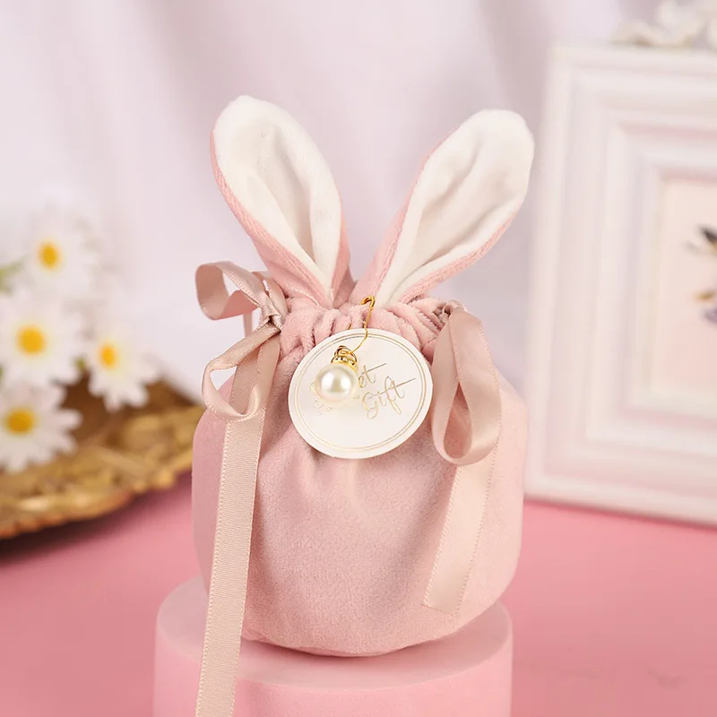 

10Pcs Easter Bunny Rabbit Bags Ears Velvet Bag Gift Box Sugar Dragee Box Wedding Candy Wrapping Bag Creative Cute Easter Decor