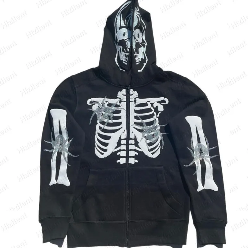 

Punk Vintage Grunge Y2K Oversize Zip Hoodies Gothic Hoodie Skull Skeleton Spider Ant Graph Glitter powder Foam Cardigan Jacket