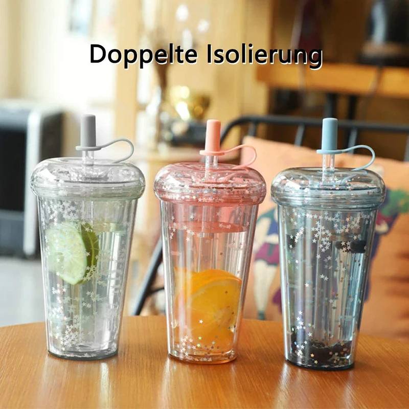 

Glitter Water Bottle Double Layer Tumbler with straw Water Bottles For Girls Bubble Tea Cup Drinkware Leakproof Cups 420ml
