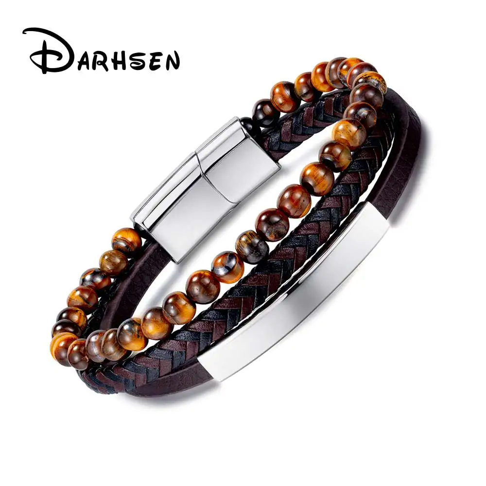 

DARHSEN Men Brown Leather Beaded Wrap Bracelets Bangle Hand Wristlet Fashion Jewelry Magnet Buckle Stainless Steel Clasp