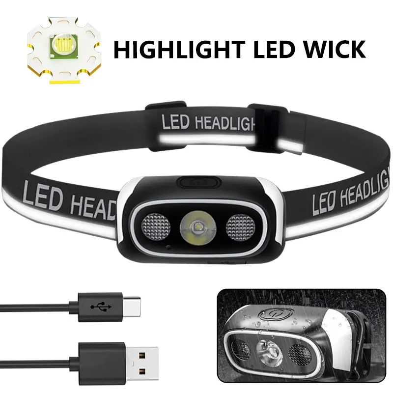 Powerful Headlamp USB Charge Head Wear Ultra Light Head Light Torches With Red Strobe Light Portable Outdoor Camping Flashlight
