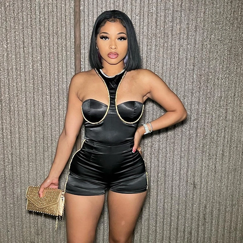 

Summer Hollow Out Bodycon Jumpsuit Women Backless Short Jumpsuits for Women Party Club Gold Striped Halter Sexy Rompers Playsuit