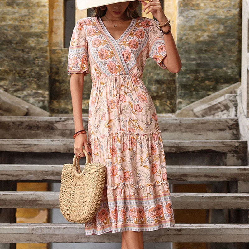 Купи 2022 Women V Neck Short Sleeve Paisley Print Belt Large Hem Beach Long Dress Print Dress Summer Beach Dress Streetwear за 1,205 рублей в магазине AliExpress