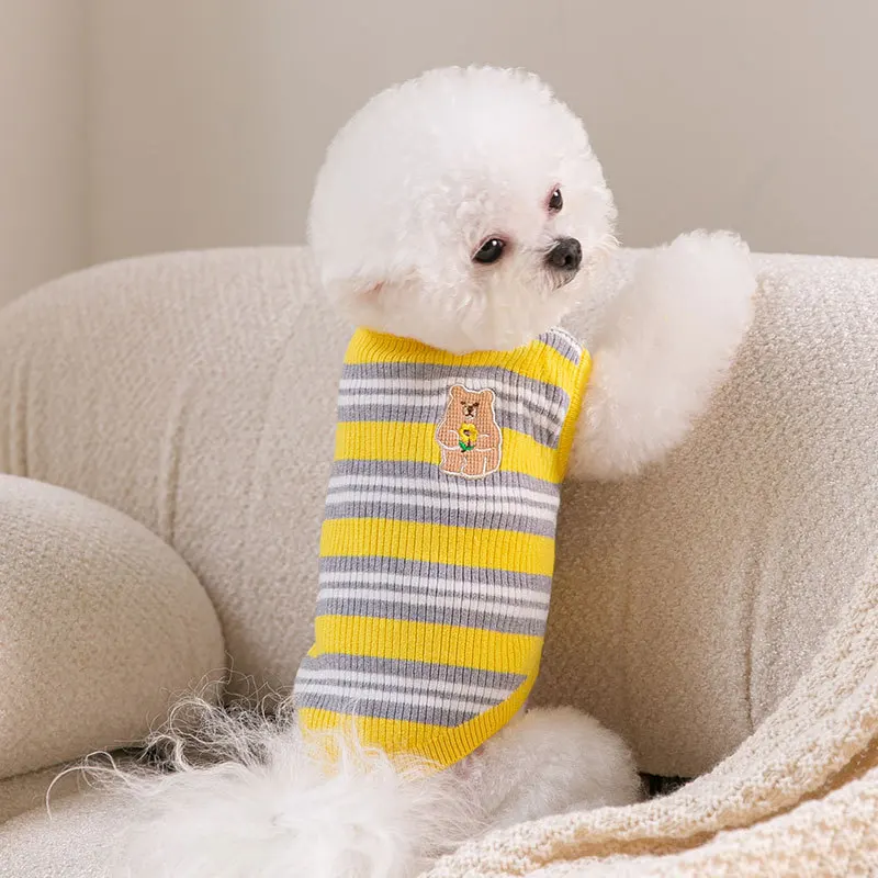 

Pet Dog Hit Color Striped Sweater Autumn and Winter Warm Bottoming Shirt Bear Embroidery Pullover Puppy Popular Clothes