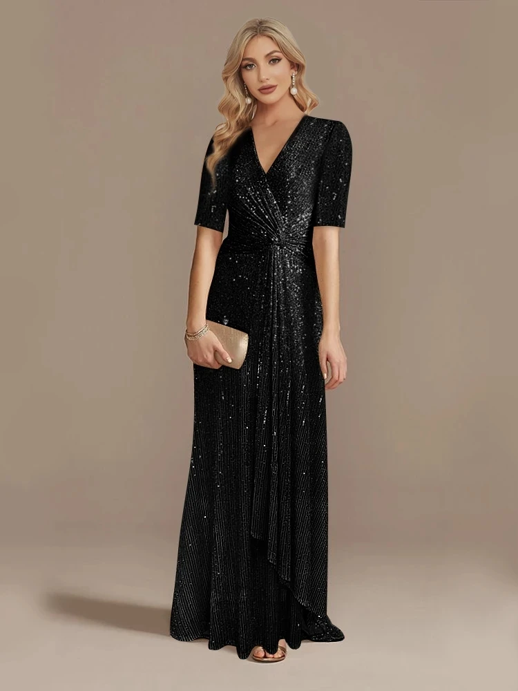 

Formal occasion dubai luxury Floor Length Short Sleeves V-Neck Sequin Evening Dress 2023 Women Party Dress Long Prom