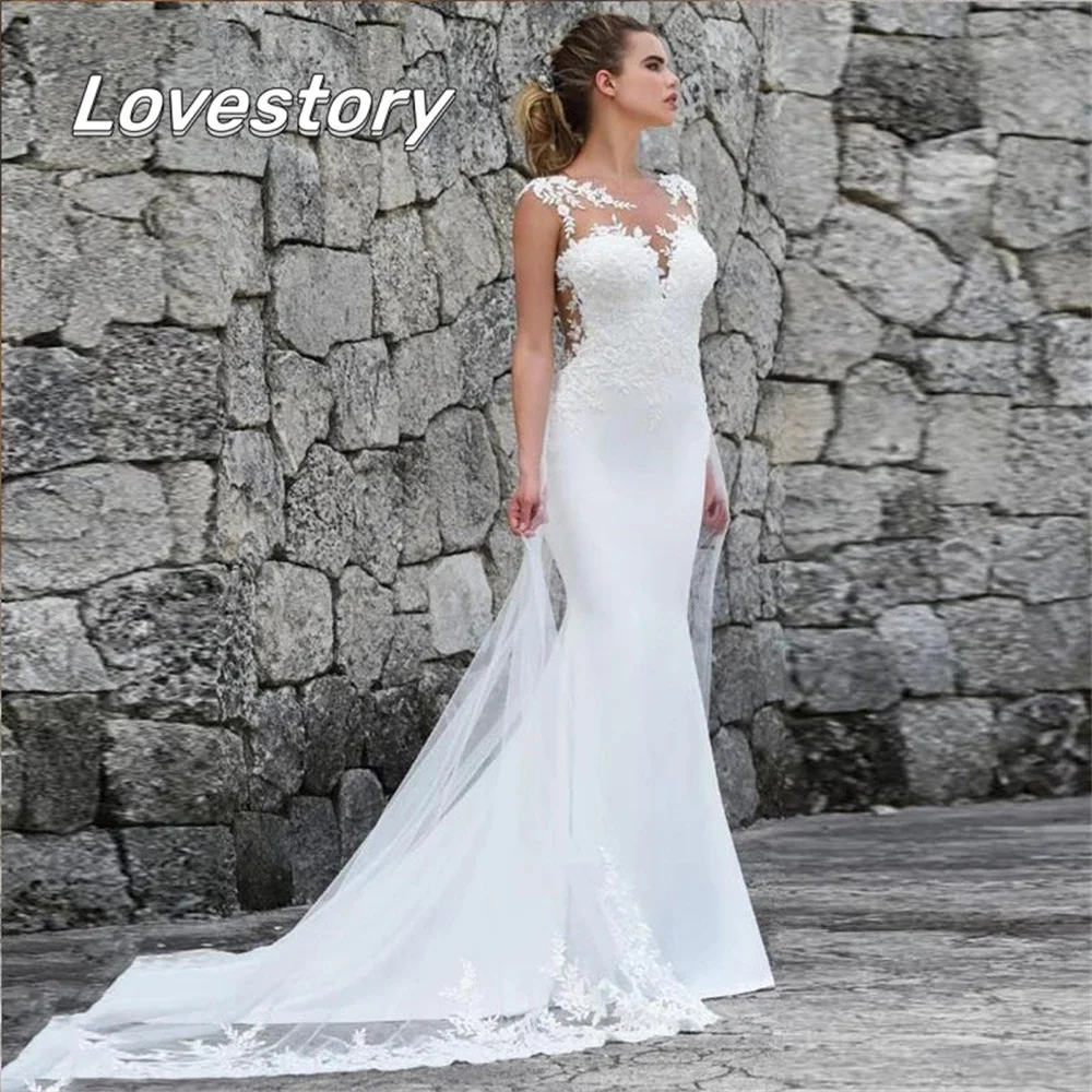 

Mermaid Wedding Dresses Turkey Lace O-Neck Appliques Bridal Dress Custom Made Bridal Gown Plus Size Sleeveless Vestidos De Noiva
