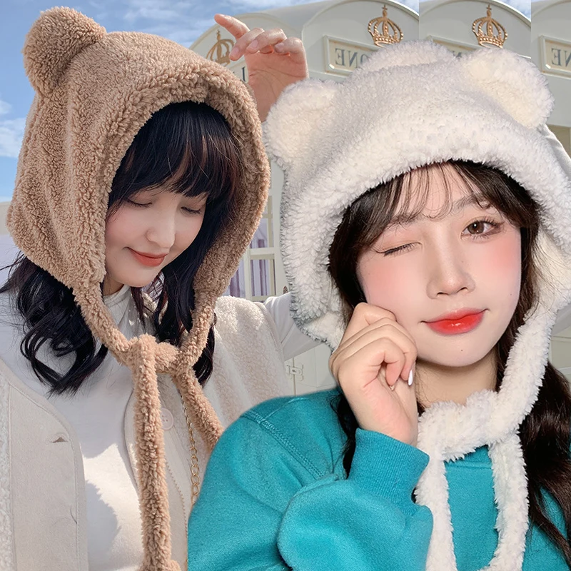 

Korean Version INS Cute Bear Ears Warm Bomber Beanie Hat Autumn Winter Windproof Face Small Earmuffs Knitted Cap Outdoor Beanies