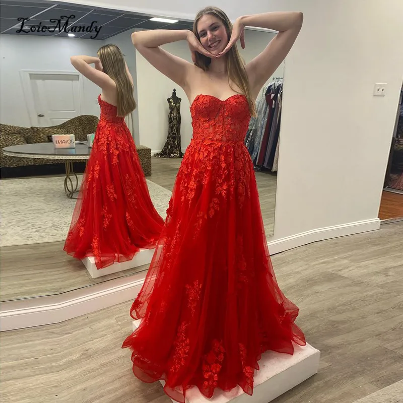 

Red Lace Prom Dresses Long 2022 Sweetheart Backless Tulle Evening Party For Women Formal Sweep Train Robes de soiree