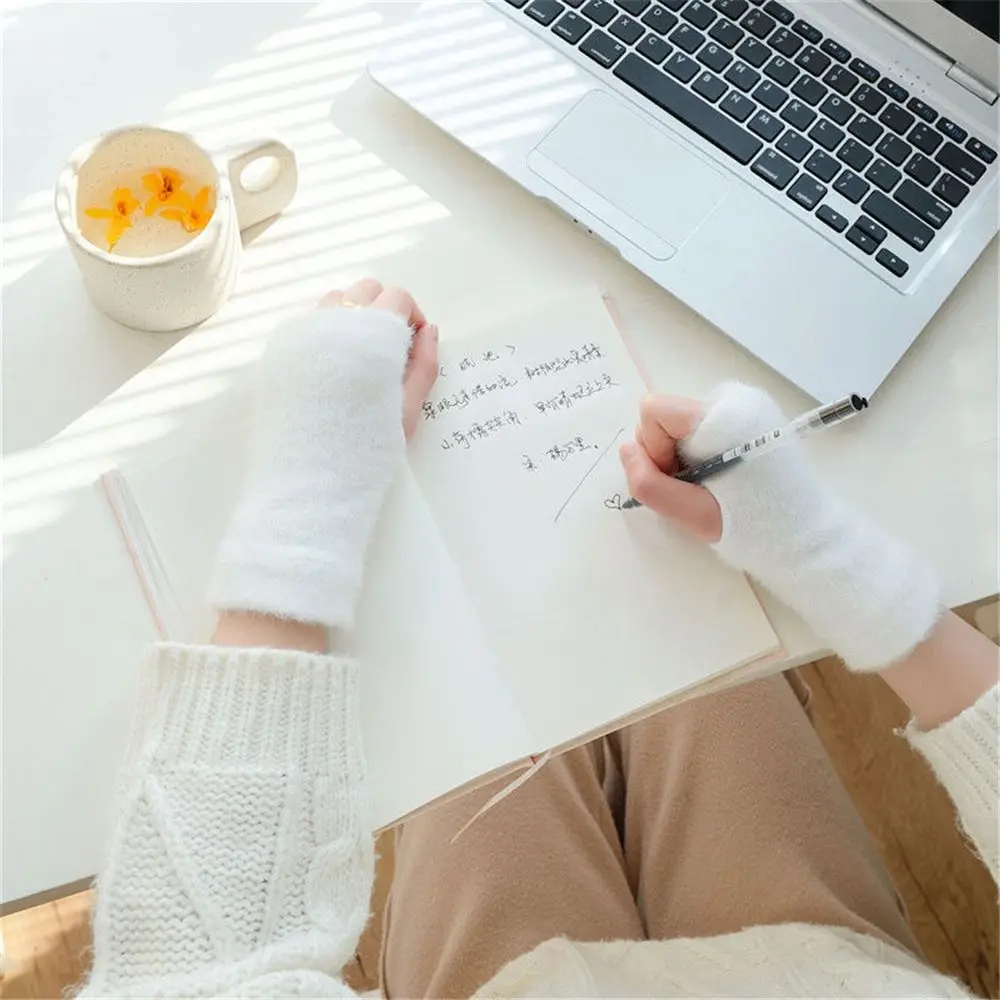 

Women Girls Autumn Winter Thick Knitted Gloves Plush Fingerless Mittens Half-finger