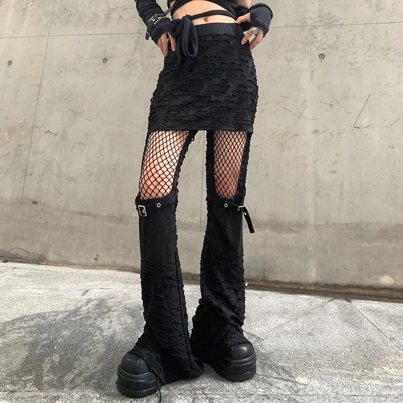 

Gothic Ripped Black Pants Goth Black Punk Sweatpants Women Korean Cut Out Bandage Joggers Streetwear Net Grunge Outfits