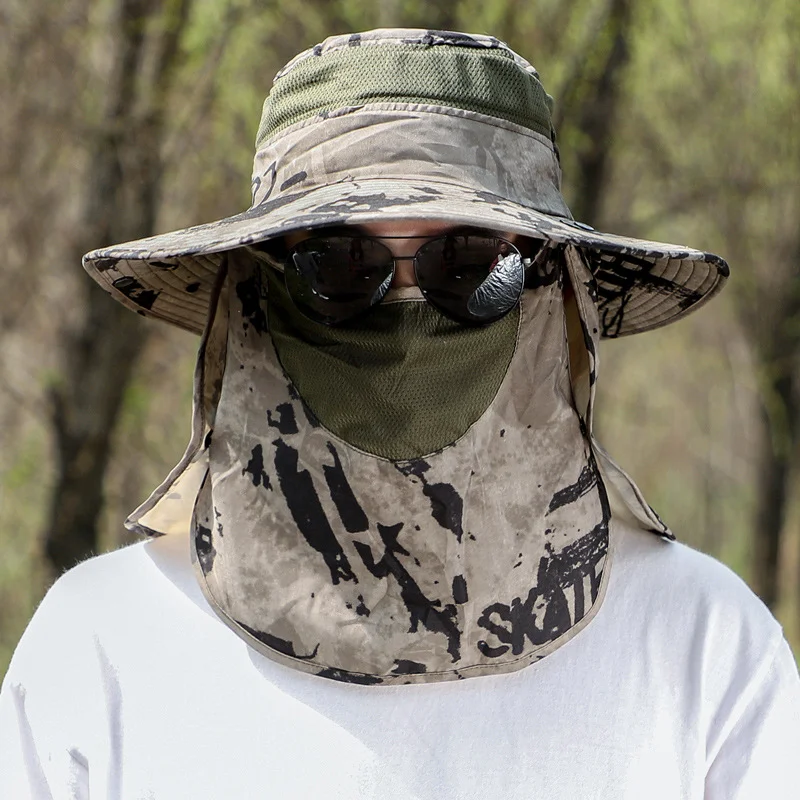 

Men Bucket Hat with Shawl Veil Camouflage Summer Sand Prevention 12cm Army Sun Hat Waterproof Outdoor Camp Fishing Cap