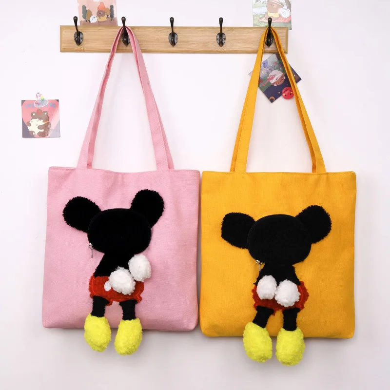 

Cute Cartoon Canvas Portable Shopping Bag New Student Make-up Bag Large Capacity Plush Doll Women's Outdoor Travel Shoulder Bag