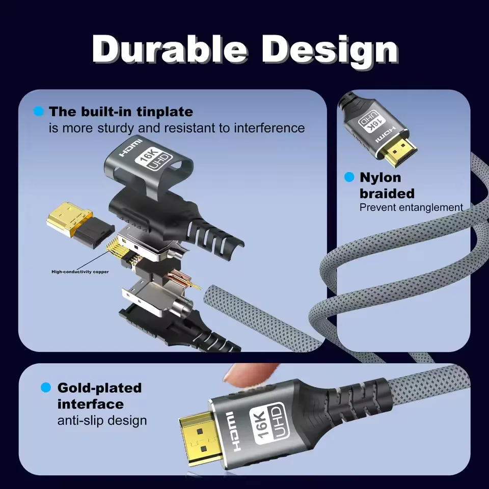 Фото Кабель HDMI 2.2 16K, высокоскоростной плетеный видеокабель 96 Гбит/с, 16K при 30 Гц/60 Гц, 8K при 120 Гц, 4K при 240 Гц, HDR, совместимый с ноутбуком, ТВ, PS5 Switch №3