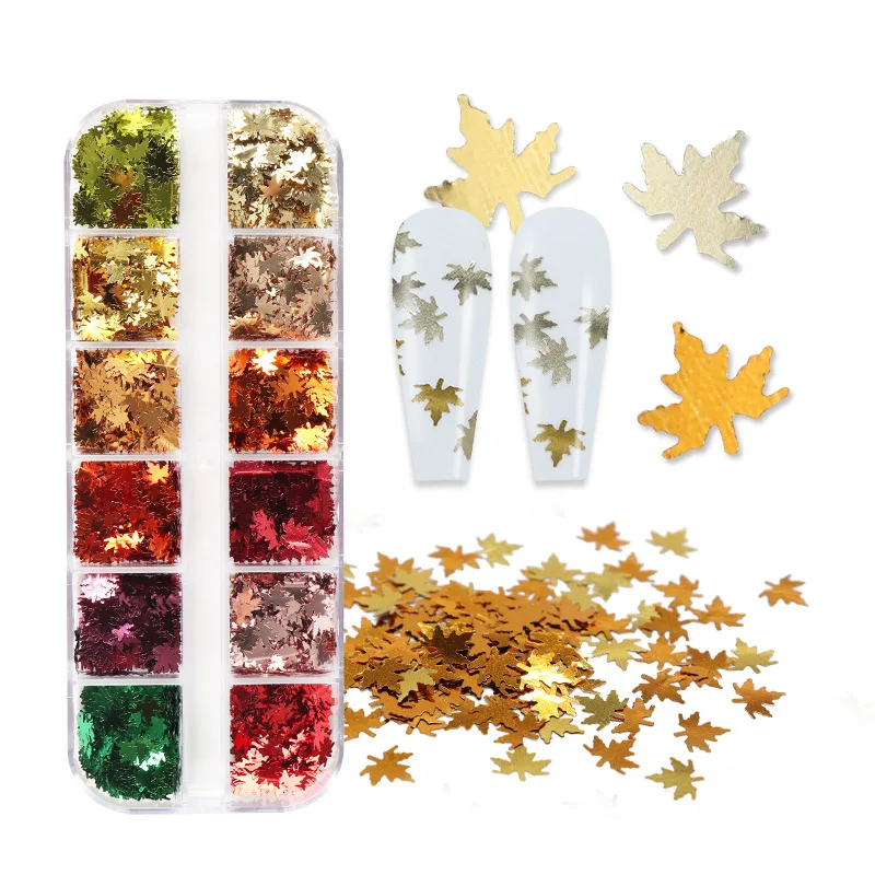 

12 Girds Box Nail Art Laser Glitter Sequins Autumn Maple Leaf Butterfly Ultra-Thin Heart Mix Styles Sparkly Paillette Flake
