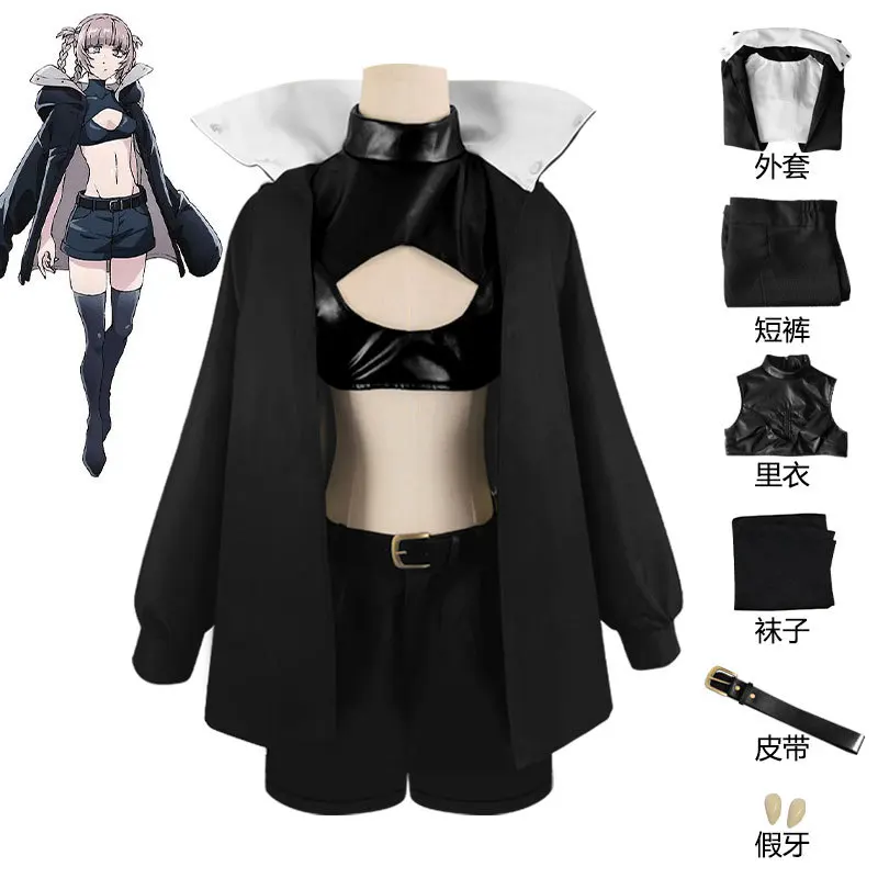 

Anime Call of The Night Nanakusa Nazuna Cosplay Costume Outfit Yofukashi No Uta Women Wig Black Cloak Jacket Leather Vest Shorts