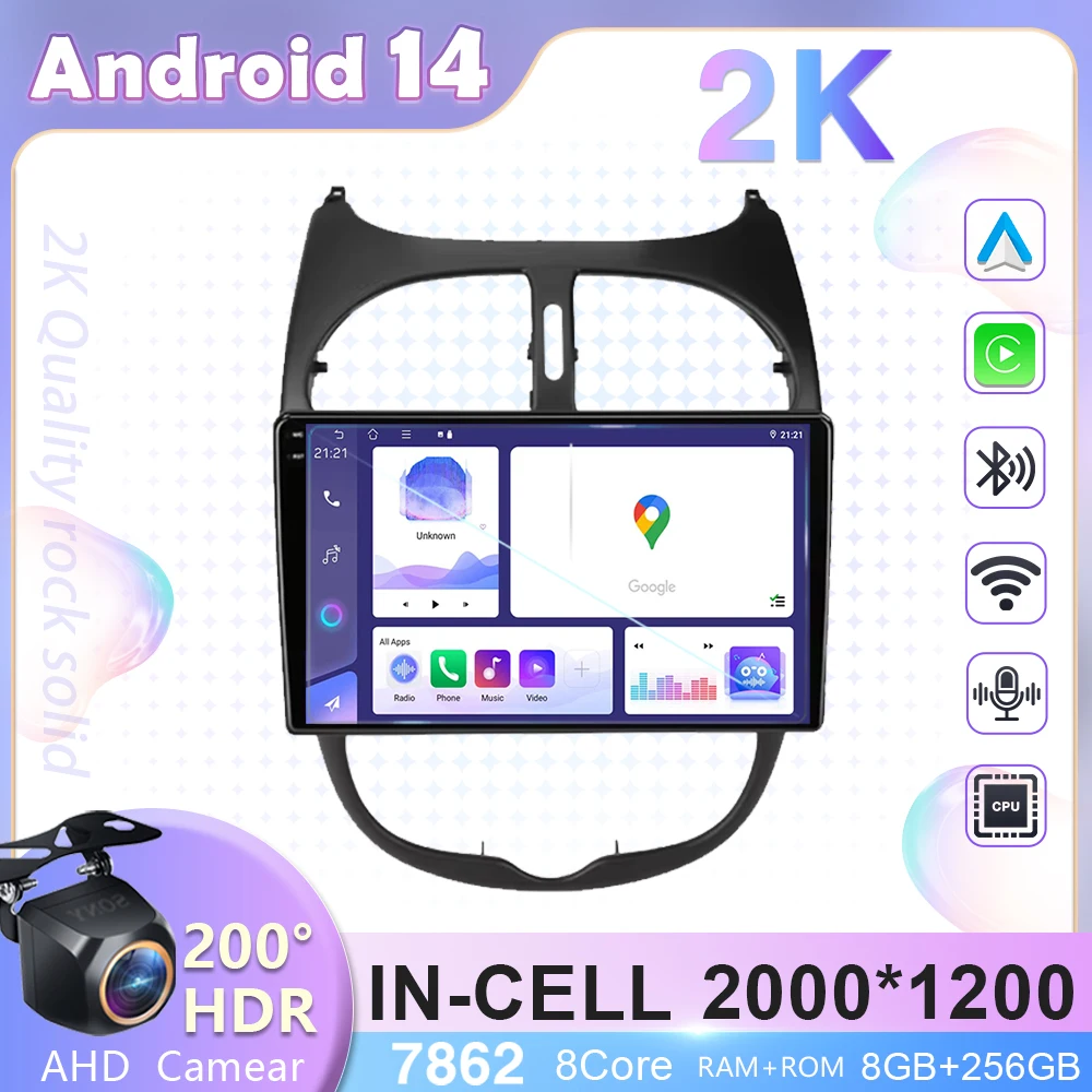 Автомобильный радиоприемник Carplay Android 14 для Peugeot 206 206CC SW 1998-2012 стерео