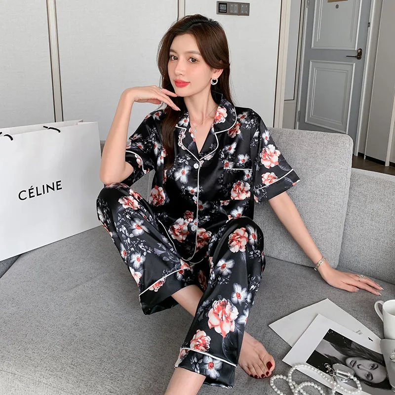 CAIYIER Size 3XL-8XL 150KG Women Silk Pajamas Set Summer Short Sleeve Trousers Sleepwear Girls Big Size Femme Leisure Nightwear