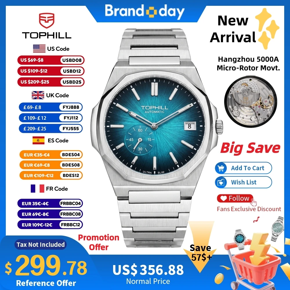 Фото Часы TOPHILL+ 38.7mm Ultra Slim Automatic Micro Rotor Hangzhou 5000A Luxury Enamel Sunray с интегрированным браслетом и сапфировым стеклом KIM001G №1