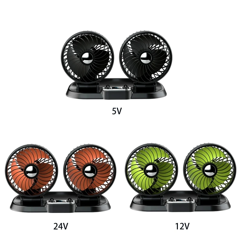 

360° Degree Rotatable Auto Fan Cigarette-Lighter 12V 24V Double Head Car Fan 2 Speed USB 5V Dashboard Fan for ATV Boat E8BE