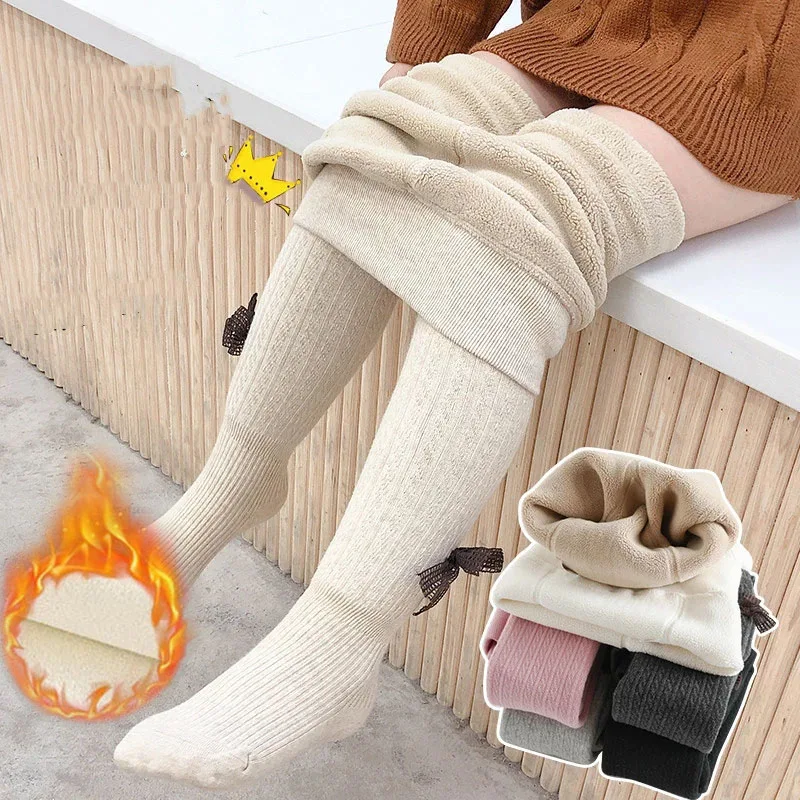 Baby Girls Leggings Winter Fleece Warm Tights Pants Black Bow Kids Pantyhose Thicken Knitt Girl Socks Children's Clothing 8 10 Y