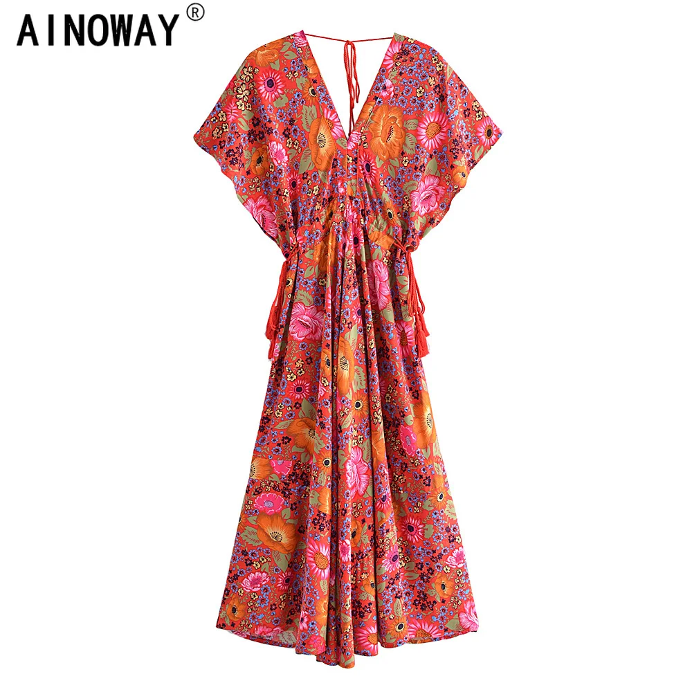 Женское богемное Макси-Платье с V-образным вырезом и рукавом летучая мышь |