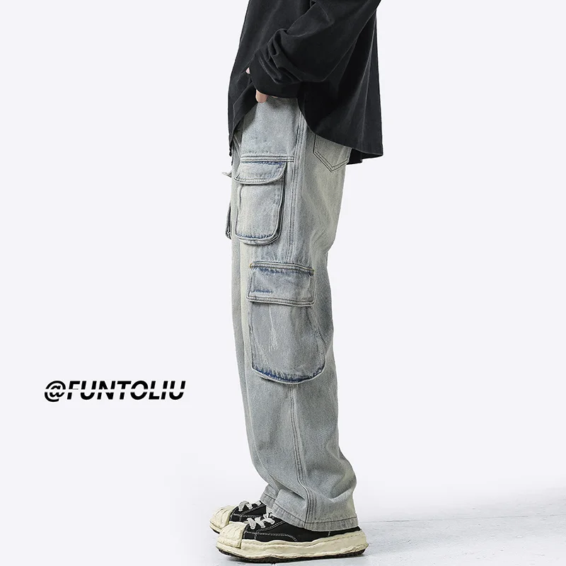 Blue Black Baggy Cargo Jeans Men Fashion Casual Pocket Jeans Men Streetwear Hip Hop Loose Straight Denim Pants Mens Trousers