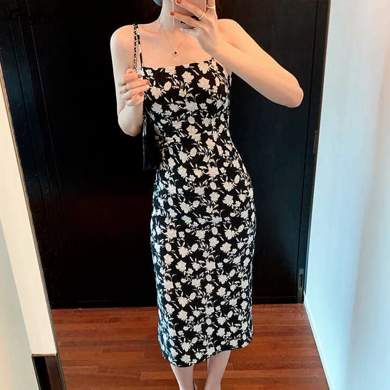 

Dress Women Sleeveless Square Collar Elegant French Retro Leisure Summer Print Korean Style Female Vestidos Spaghetti-strap Chic