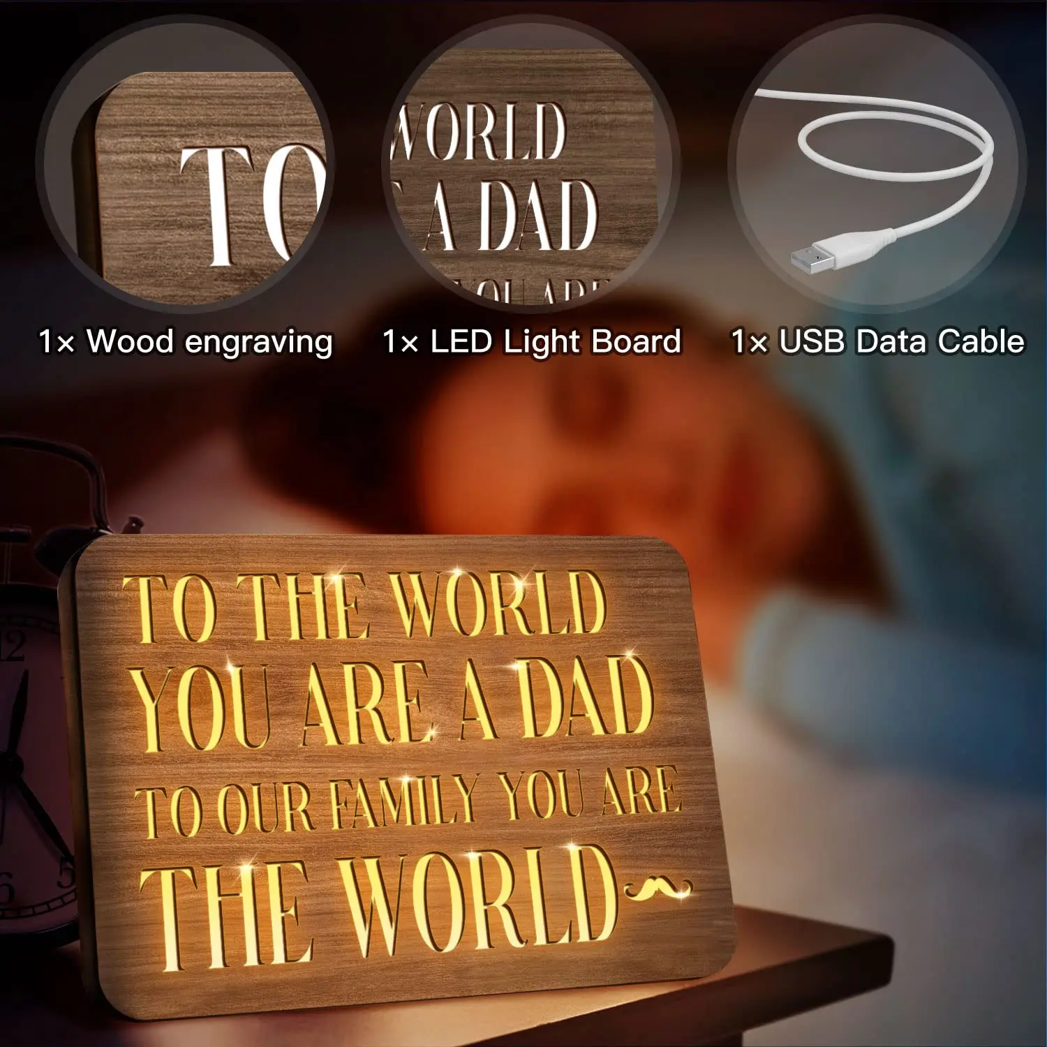

Best Dad Gifts, Birthday Father's Day Gifts for Dad, Wooden Night Light Sign Plaque with Proverbs - USB Wood Carving Sleep Lamp