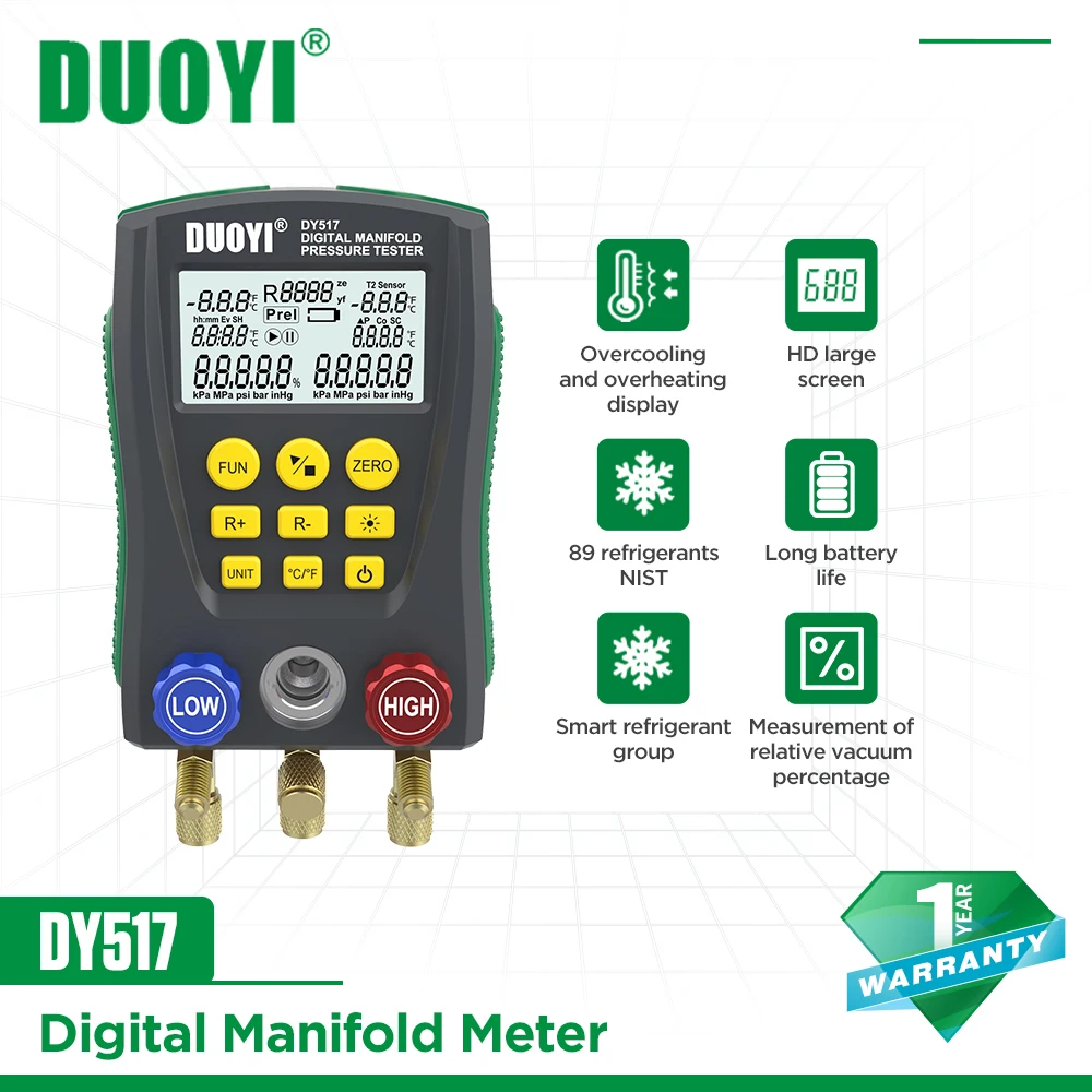 DUOYI DY517 Pressure Gauge Refrigeration HVAC Air Conditioning Manifold Digital Vacuum Temperature Meter Tester For Car House