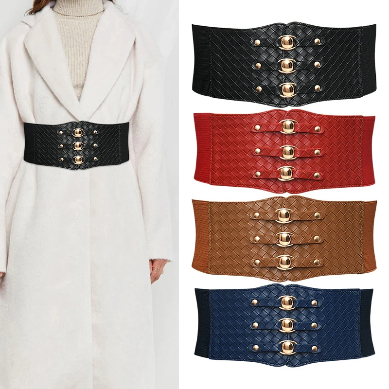 

PU Leather Rivet Slimming Body Girdle Big Stretch Cummerbunds Female Dress Shirt Coat Waistband Vintage Tunic Waist Belt Fashion