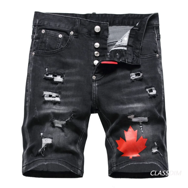 

Men Black Denim Shorts New Summer Holes Shorts Jeans High Quality Male Stretch Fit Ripped Denim Jeans Shorts Size 44