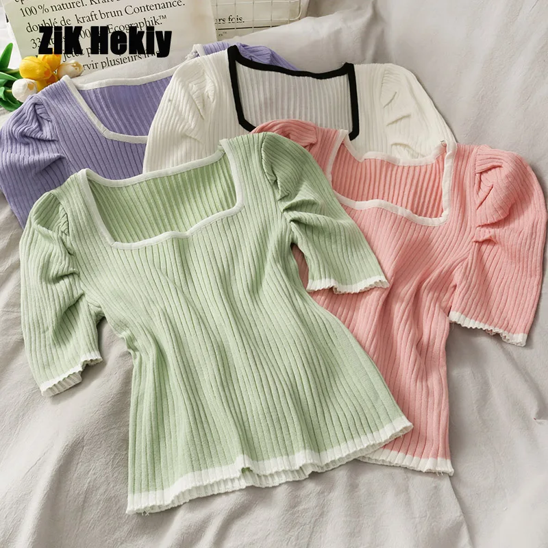 Купи Zik Hekiy Women New Colorful Vertical Stripes V-Neck T-Shirt Women Summer Pleated Short-Sleeved Peplum Knit Top за 555 рублей в магазине AliExpress