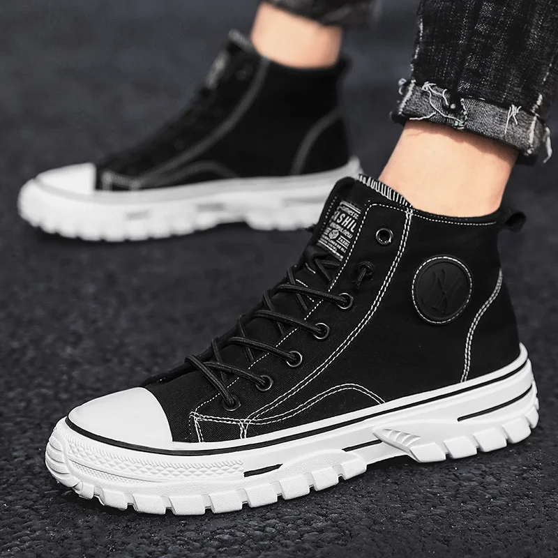 

Men's Casual High-Top Canvas Shoes Fashion Men's Lace-Free Breathable Sneakers Skateboard Trend Shoes Beige Gray Black 44