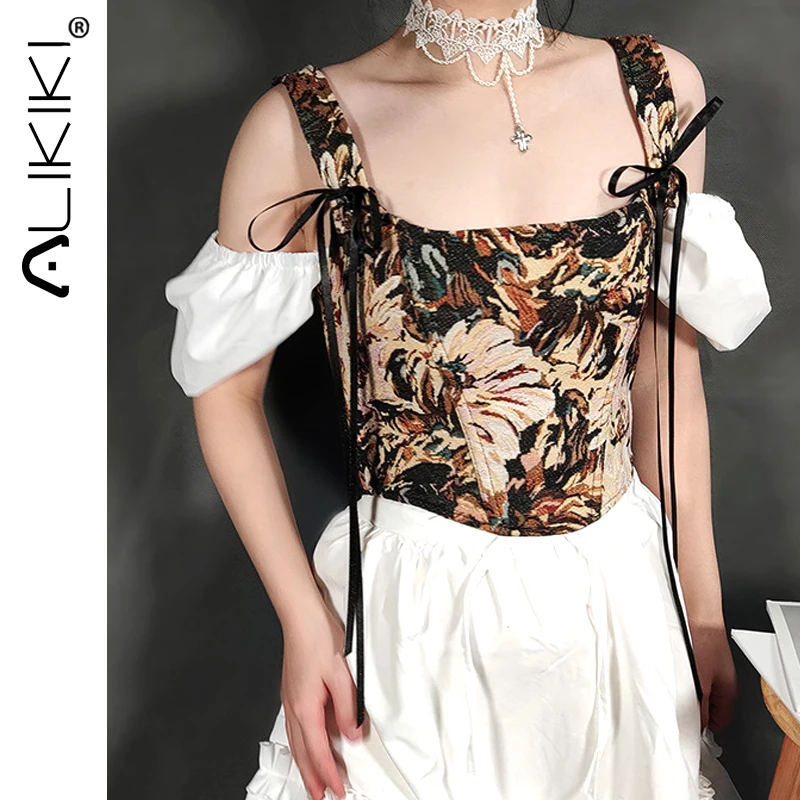 

Elegant Sexy Floral Bodycon Camis Overbust Corset Top Women Vintage Fairycore Lace Up Embroidery Slim Sleeveless Crop Top
