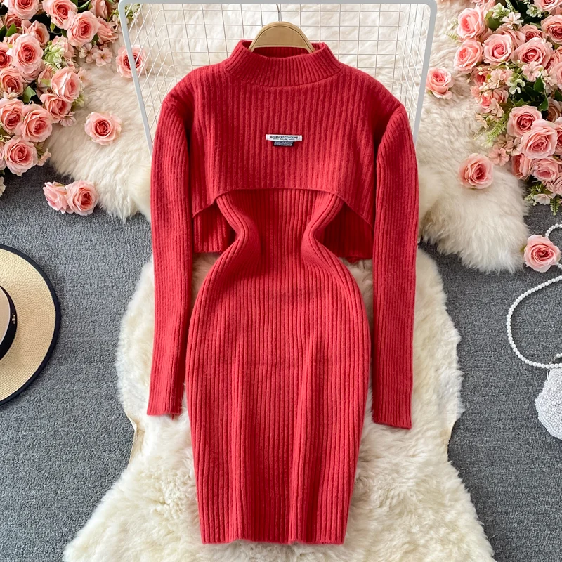 

Autumn and winter Korean version of stand-up collar short sweater tops Slim stretch vest knitted hip dress two-piece women