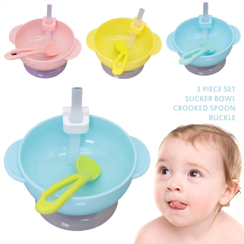Cartoon Baby  Food Bowl Set Anti Falling Auxiliary Suction Cup  Suction Cup  Buckle Suction Tube  Crooked Spoon
