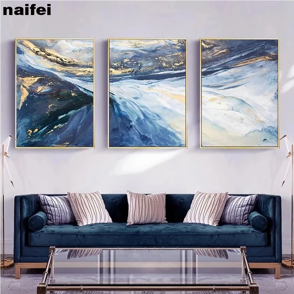 

Абстрактная алмазная живопись, 3 шт./комплект, синее золото, мрамор, роскошная картина, алмазная вышивка, пейзаж, домашний декор, настенное ис...