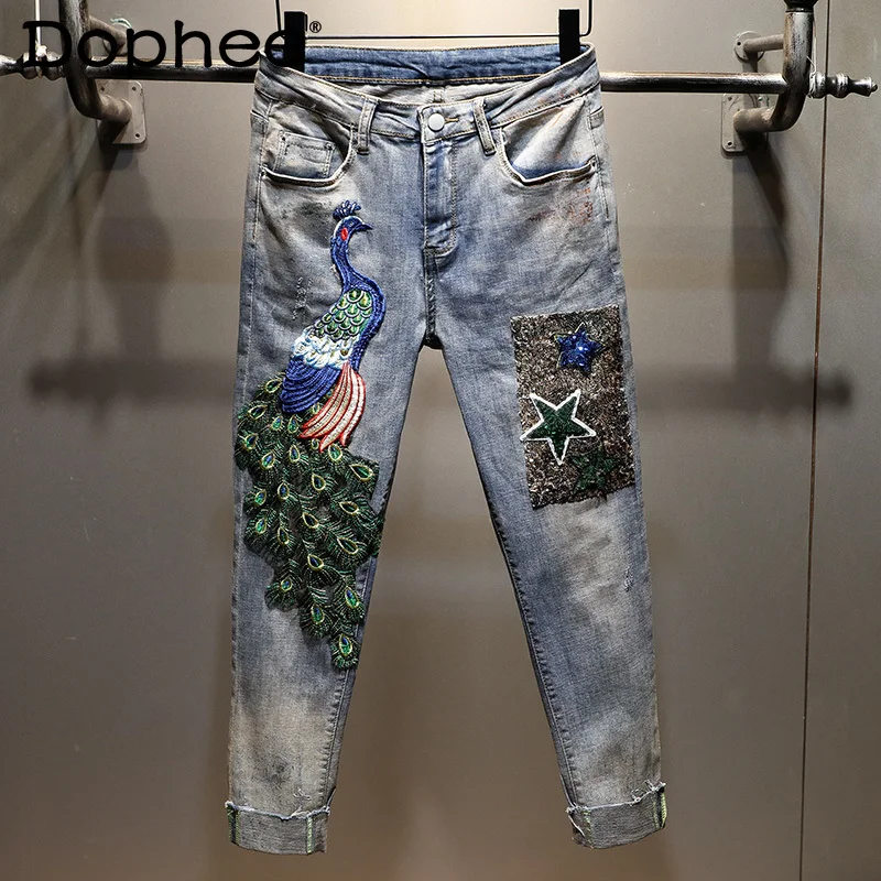

Chic Embroidered Peacock Jeans Women Summer New High Waist Elastic Skinny All-Matching Denim Pants Female Cropped Pencil Trouses